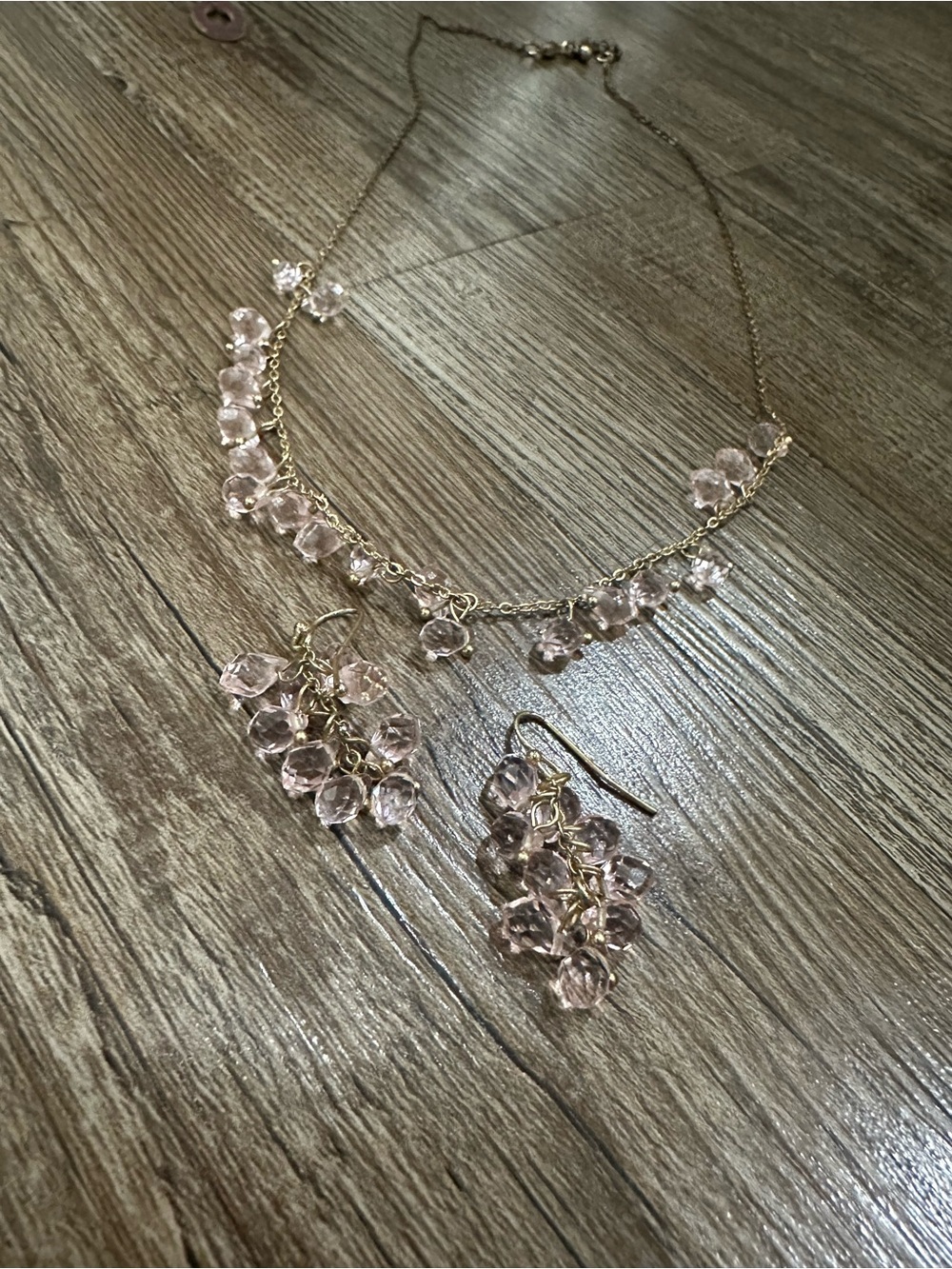 Gold-Tone Jersey Set-Pink Crystal Necklace and Earrings-Beaded-Statement